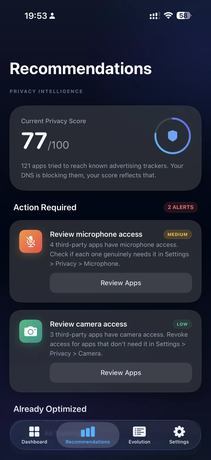 Privacy Score: recommendations ranked by privacy impact